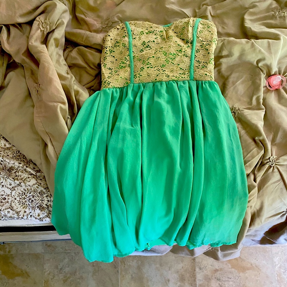 Teal and white strapless dress